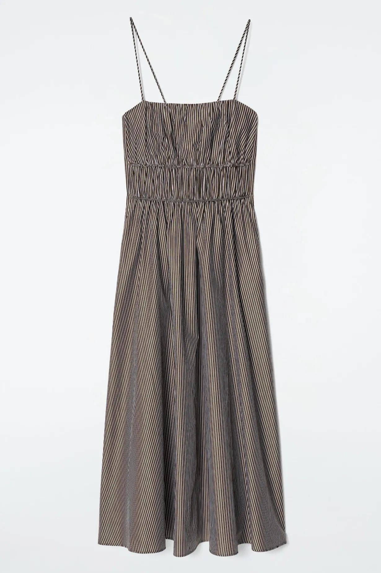 GESTREIFTES MIDIKLEID MIT GERAFFTER TAILLENPARTIE