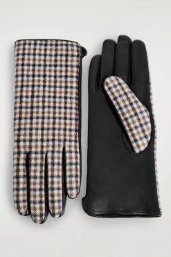 KARIERTE HANDSCHUHE AUS WOLLE UND LEDER