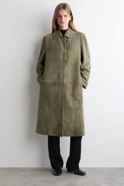 LANGER MANTEL AUS VELOURSLEDER MIT KRAGEN