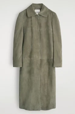 LANGER MANTEL AUS VELOURSLEDER MIT KRAGEN