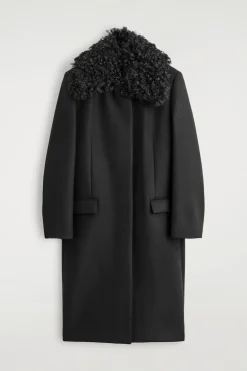 LANGER WOLLMANTEL MIT SHEARLING-KRAGEN