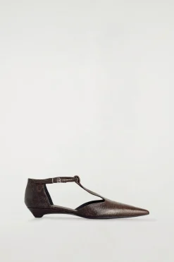 LIZARD-EFFECT LEATHER T-BAR WEDGE HEELS