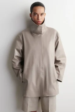 OVERSIZED-LEDERBOMBERJACKE MIT STEHKRAGEN